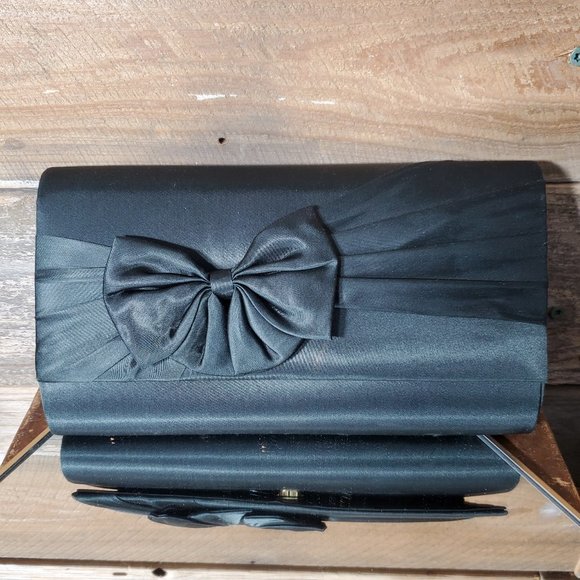 Satin Evening Purse - Black Bow, Snap Closure, Rope Handle - Picture 1 of 10